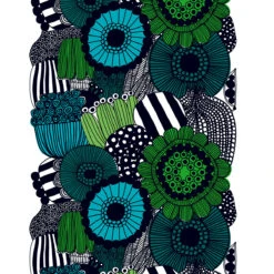 Marimekko Siirtolapuutarha Green / Blue / Black / White Acrylic Coated Fabric Repeat